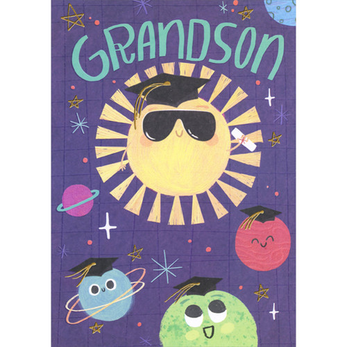 Smiley Faced Sun and Planets with Sunglasses and Grad Caps Juvenile Graduation Congratulations Card for Grandson: Grandson