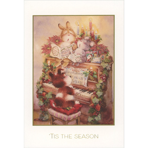 Bunnies Singing Carols on Decorated Piano Being Played by Dog Christmas Card: Tis the season