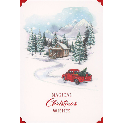 Vintage Red Truck Driving on Snowy Road to Log Cabin Christmas Card: Magical Christmas Wishes