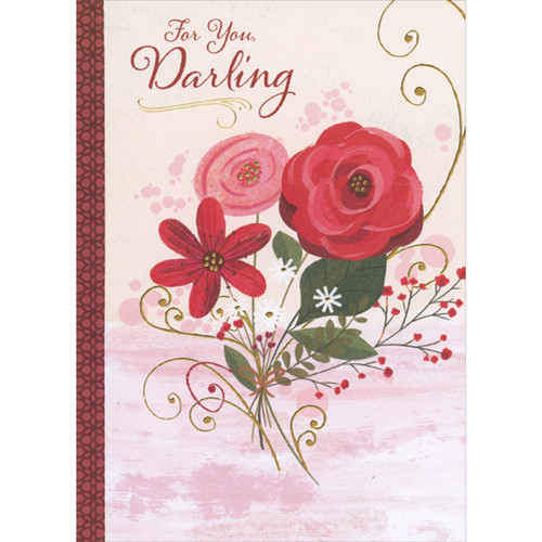 Three Red and Pink Flowers with Gold Foil Swirling Stems Sweetest Day Card for Darling: For You, Darling
