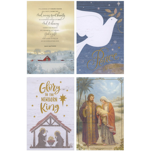 Religious Assortment: Barn in Winter, Dove, Nativity and Mary, Joseph and Jesus Box of 20 Christmas Cards: Design 1: It's looking up toward heaven on a misty, snowy day, And seeing quiet beauty in a hundred shades of gray, And it's knowing there's the promise of a rainbow just above - God's gift that's sent to tell us of his everlasting love.  Emily Mathews - Design 2: Peace on Earth - Design 3: Glory to the Newborn King