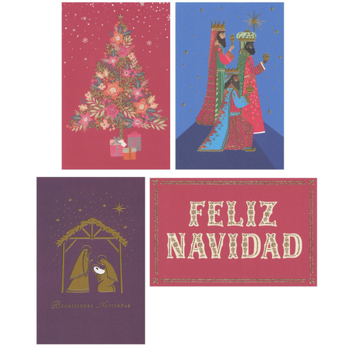 Hispanic Assortment: Tree, Three Kings, Feliz Navidad, Nativity Box of 20 Spanish Language Christmas Cards: Design 3: Feliz Navidad - Design 4: Bendiciones Navideñas