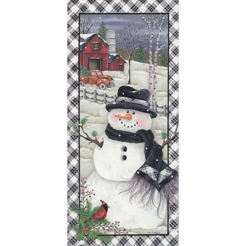 Snowman and Barn: Black and White Criss Cross Frame Box of 14 Christmas Cards