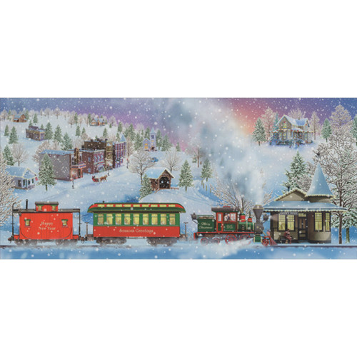 Green and Red Train Arriving at Station in Snow Covered Village Box of 14 Christmas Cards