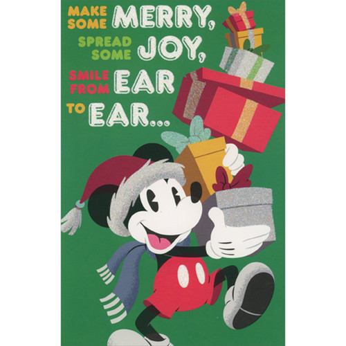 Classic Mickey Mouse Carrying Presents: Smile from Ear to Ear Disney Christmas Card: Make some Merry, spread some Joy, smile from Ear to Ear…