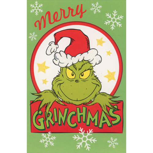 Merry Grinchmass: Grinch in Red Bordered Circle Dr. Seuss Christmas Card: Merry Grinchmas