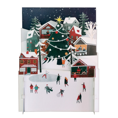 Skater on Ice Rink, Pretzel Vendor and Homes in Winter Village 3D Pop Up Laser Cut Christmas Card