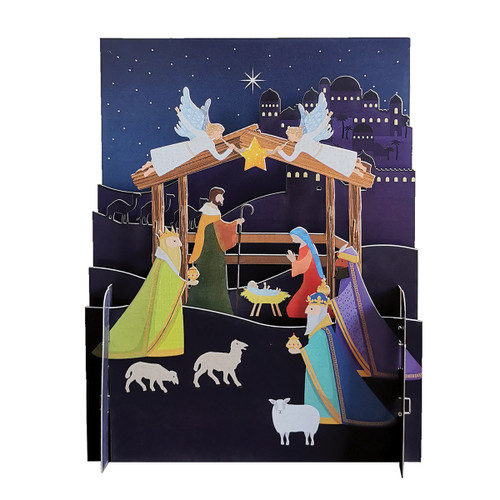 Simple Nativity Scene with Two Angels Above Manger 3D Pop Up Laser Cut Christmas Card