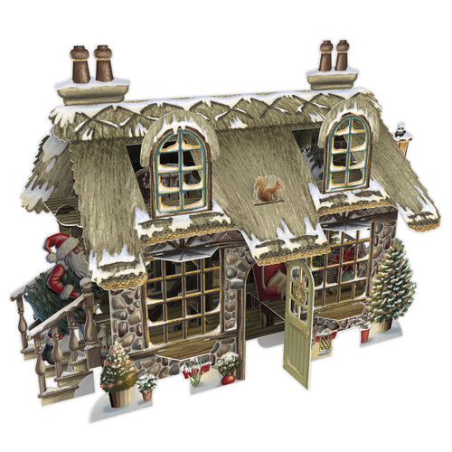 Santa Carrying Evergreen Tree Into a Cosy Cottage 3D Pop Up Laser Cut Christmas Card