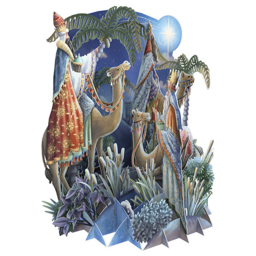 Three Kings and Camels Under Palm Trees and Blue Sky 3D Pop Up Laser Cut Christmas Card