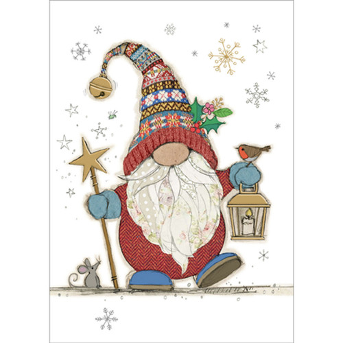 Gonk Festive Gnome Holding Gold Foil Lantern and Star Wand Cute Christmas Card