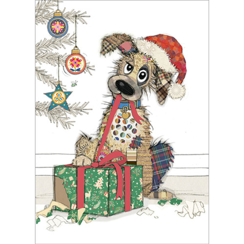 Patchwork Mutt Pulling Red Ribbon Off Green Gift Cute Christmas Card