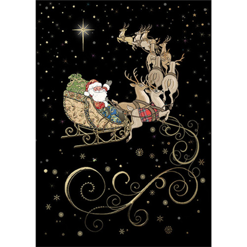 Santa's Team: Reindeer Flying with Santa in Gold Foil Accented Sleigh Cute Christmas Card