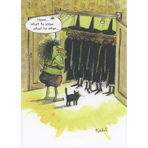 Witch Choosing Black Outfit in Closet: What to Wear Humorous / Funny Halloween Card: Hmm… what to wear, what to wear…
