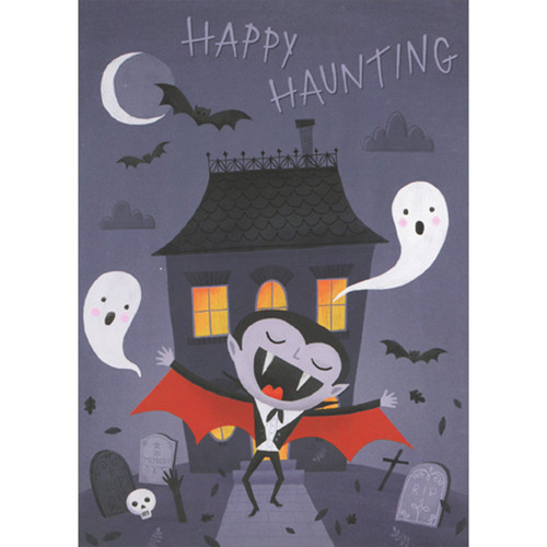 Cute Dracula with Open Arms in Front of House Juvenile Halloween Card for Young Grandson: Happy Haunting