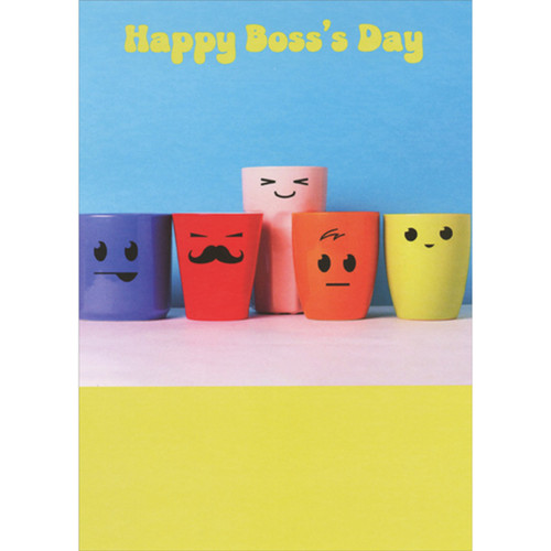 Colorful Mugs with Silly Faces on Blue and Yellow Funny / Humorous Boss's Day Card: Happy Boss's Day