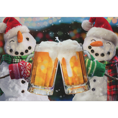 Two Smiling Snowmen in Mittens Clinking Beer Mugs Humorous / Funny Pack of 10 Christmas Cards