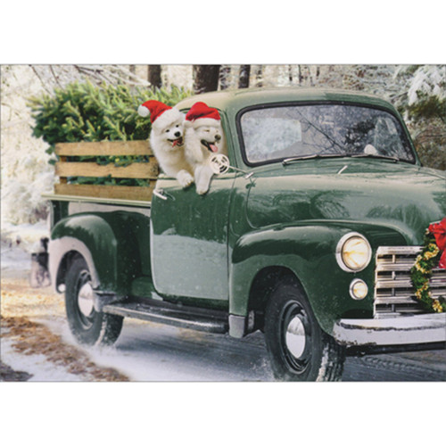 Two Fluffy White Dogs Hanging Out Window of Green Classic Pickup Truck Pack of 10 Christmas Cards