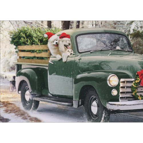 Fluffy White Dogs Riding in Old Fashioned Green Pickup Truck Christmas Card