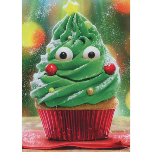 Cupcake with Smiling Face on Christmas Tree Shaped Frosting Cute Christmas Card