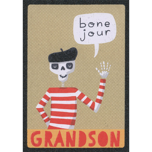 Bone Jour: Waving Skeleton in Red and White Shirt Halloween Card for Young Grandson: bone jour Grandson