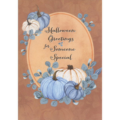 Blue and Brown Pumpkins and Gourds Around Oval Frame on Brown Halloween Card for Someone Special: Halloween Greetings for Someone Special