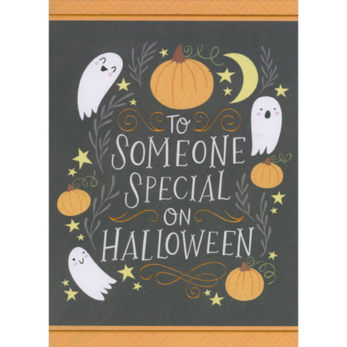 To Someone Special: Border of Pumpkins, Ghosts, Moon and Stars on Black Halloween Card: To Someone Special on Halloween