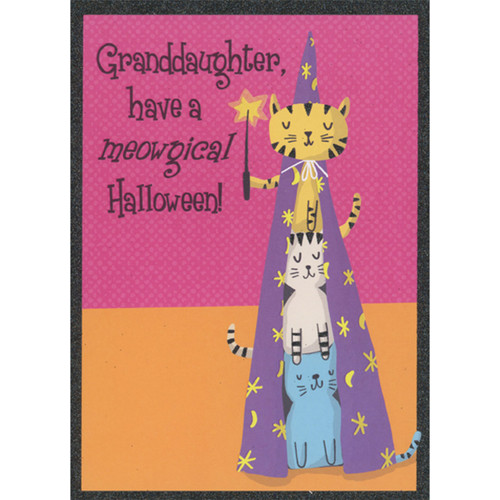 Meowgical Halloween: Stack of Three Cats in Purple Wizard Robe Halloween Card for Young Granddaughter: Granddaughter, have a meowgical Halloween!