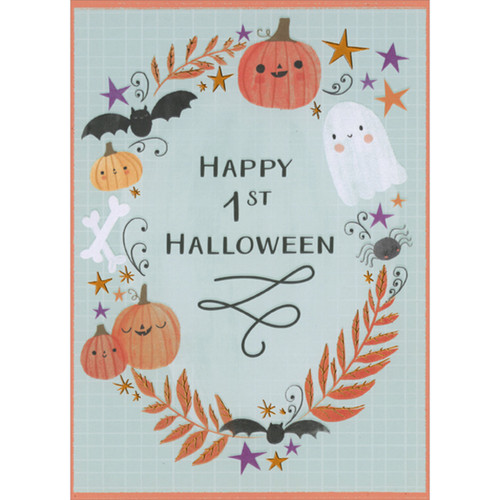 Wreath of Pumpkins, Ghosts, Bats, Bones, Stars and Leaves 1st / First Halloween Card for Baby: Happy 1st Halloween