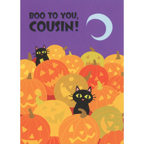 Boo to You, Cousin: Two Black Cats in Pile of Pumpkins Halloween Card for Young Cousin: Boo to You, Cousin!