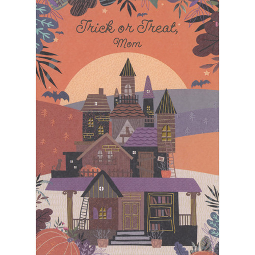 Trick or Treat, Mom: Purple, Brown and Black Multi-Story House Halloween Card for Mom: Trick or Treat, Mom