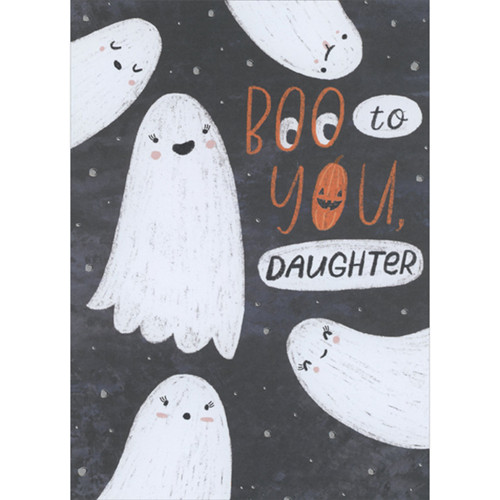 Boo to You: Cute Smiling Ghosts and Silver Dots on Black Background Halloween Card for Young Daughter: Boo to You, Daughter