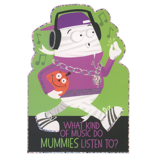 Mummy with Purple Cap Listening to Music on Black Headphones Die Cut Juvenile Halloween Card for Kids: What kind of music do mummies listen to?