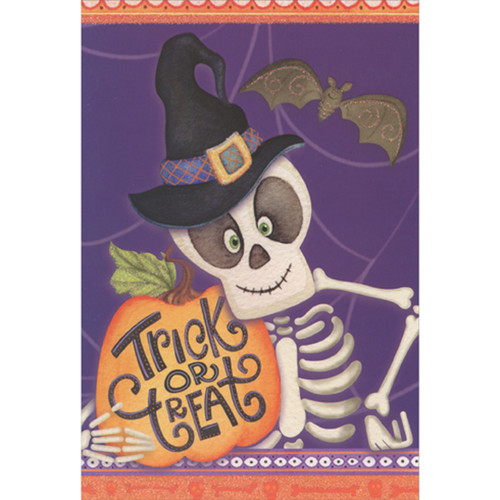 Smiling Skeleton Wearing Witch Hat and Holding Pumpkin Halloween Card: Trick or treat