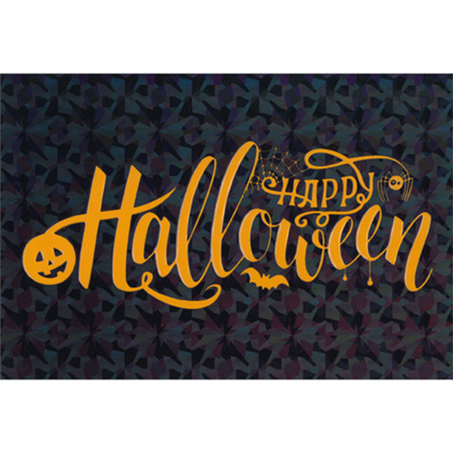 Orange Embossed Halloween Script on Black Holographic Background Halloween Card: Happy Halloween