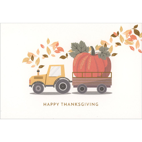 Tractor Pulling Huge Pumpkin in Trailer and Blowing Leaves Thanksgiving Card: Happy Thanksgiving