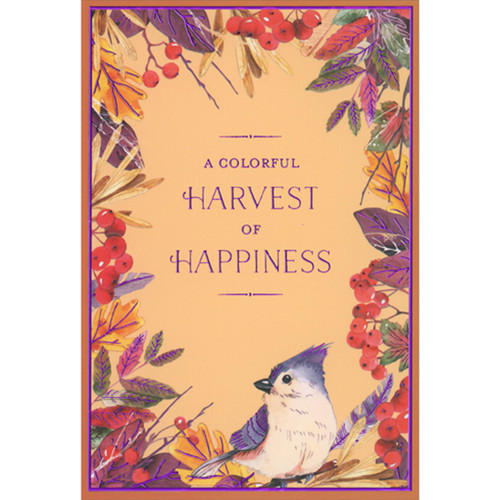 Colorful Harvest of Happiness: Blue Jay Inside Border of Leaves and Berries Thanksgiving Card: A Colorful Harvest of Happiness