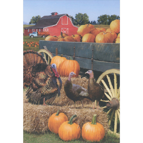 Three Turkeys Standing on Hay Bale Near Wagon Full of Pumpkins Thanksgiving Card