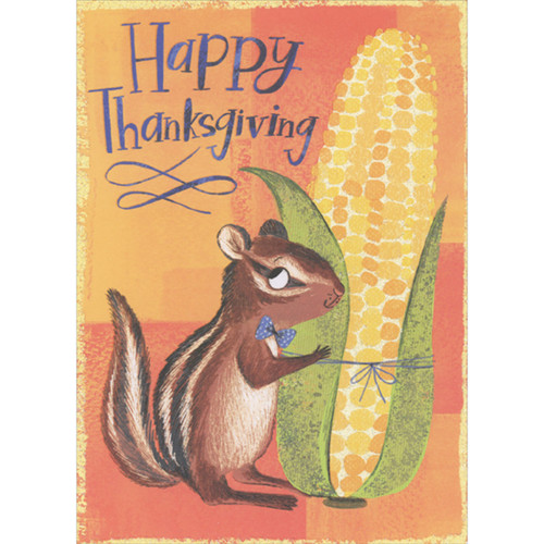 Chipmunk in Blue Bow Tie Holding Corncob Thanksgiving Card for Young Boy: Happy Thanksgiving