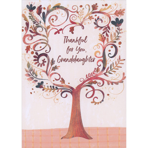 Tree with Swirling Brown and Red Branches and Leaves with Foil Accents Thanksgiving Card for Granddaughter: Thankful for You, Granddaughter