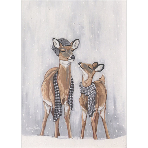 Two Deer Wearing Gray Hat and Checkered White and Gray Scarves in Falling Snow Box of 16 Christmas Cards