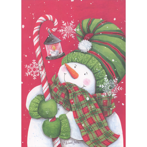 Snowman Wearing Green Hat and Scarf on Red Polka Dot Background 