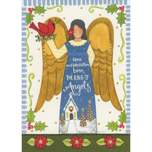 Angel in Blue with Gold Wings Holding Cardinal: Come and Behold Him Box of 18 Religious Christmas Cards: Come and behold Him born the King of Angels