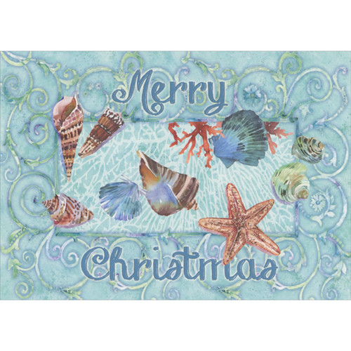 Merry Christmas Shells on Light Blue with Swirls and Coral Background Box of 16 Christmas Cards: Merry Christmas