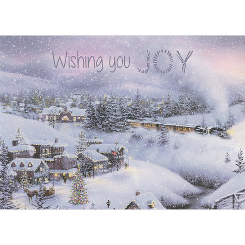 Wishing You Joy: Train, Stream and Horse Drawn Sleigh in Snow Covered Village Christmas Card: Wishing you JOY