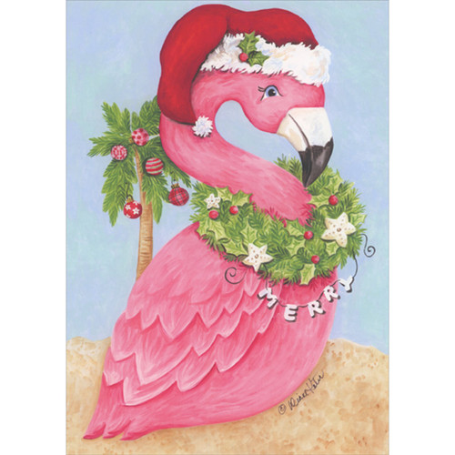Pink Flamingo Wearing Santa Hat and Green Wreath with Starfish Ornaments Warm Weather Christmas Card: Merry