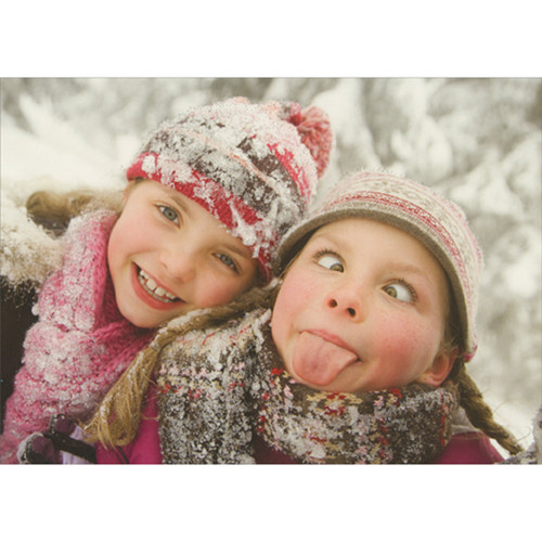 Girls in Snow Covered Hats and Scarf: One Girl is Sticking Out Her Tongue Box of 12 Humorous / Funny Christmas Cards