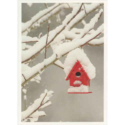 Snow Covered Red Bird House Hanging from Snow Covered Branches Box of 10 Christmas Cards
