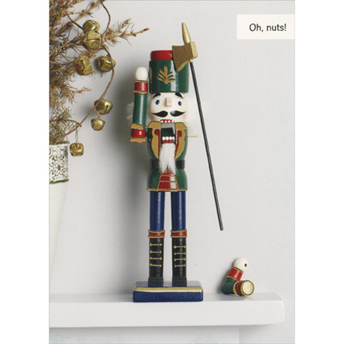 Oh Nuts: Nut Cracker with Missing Arm on White Shelf Humorous / Funny Christmas Card: Oh, nuts!