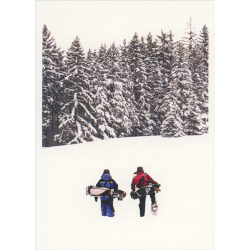 Two Golfers in Snow Gear Carrying Clubs Up Snowy Hill Toward Evergreen Trees Golf Christmas Card